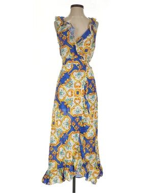LUISA POSITANO Italy Linen Majolica Print Ruffle Wrap Maxi Dress Blue Yellow S